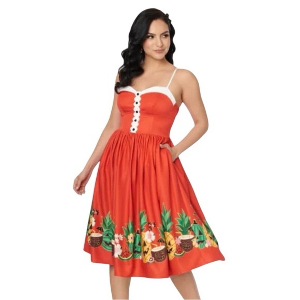 Unique Vintage Summerween Red Tropical Midi Dress jack o lantern Halloween fruit